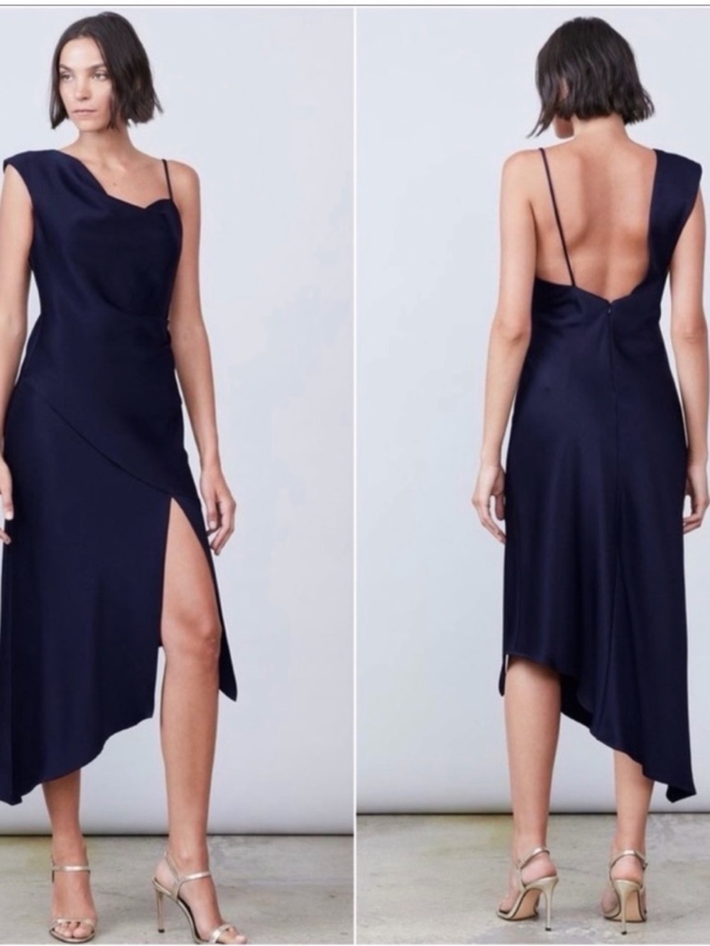ABS Allen Schwartz Navy One-Shoulder Asymmetric Slip Dress
